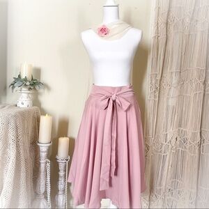 Satin Flowy Pink Mauve Midi Skirt with Ribbon Belt